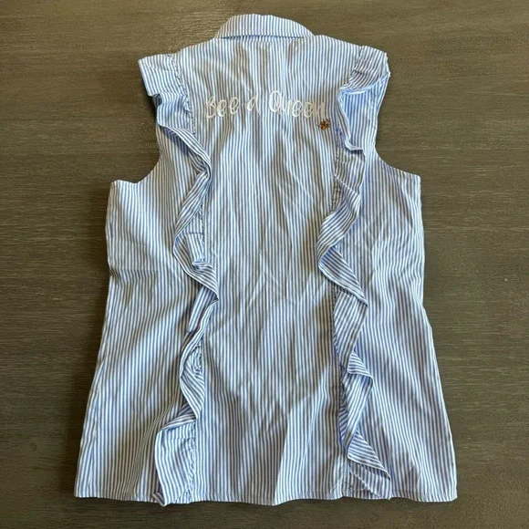 Bee Embroidered Sleeveless Button Down Blouse Ruffle Blue White Sybilla S - Picture 2 of 9
